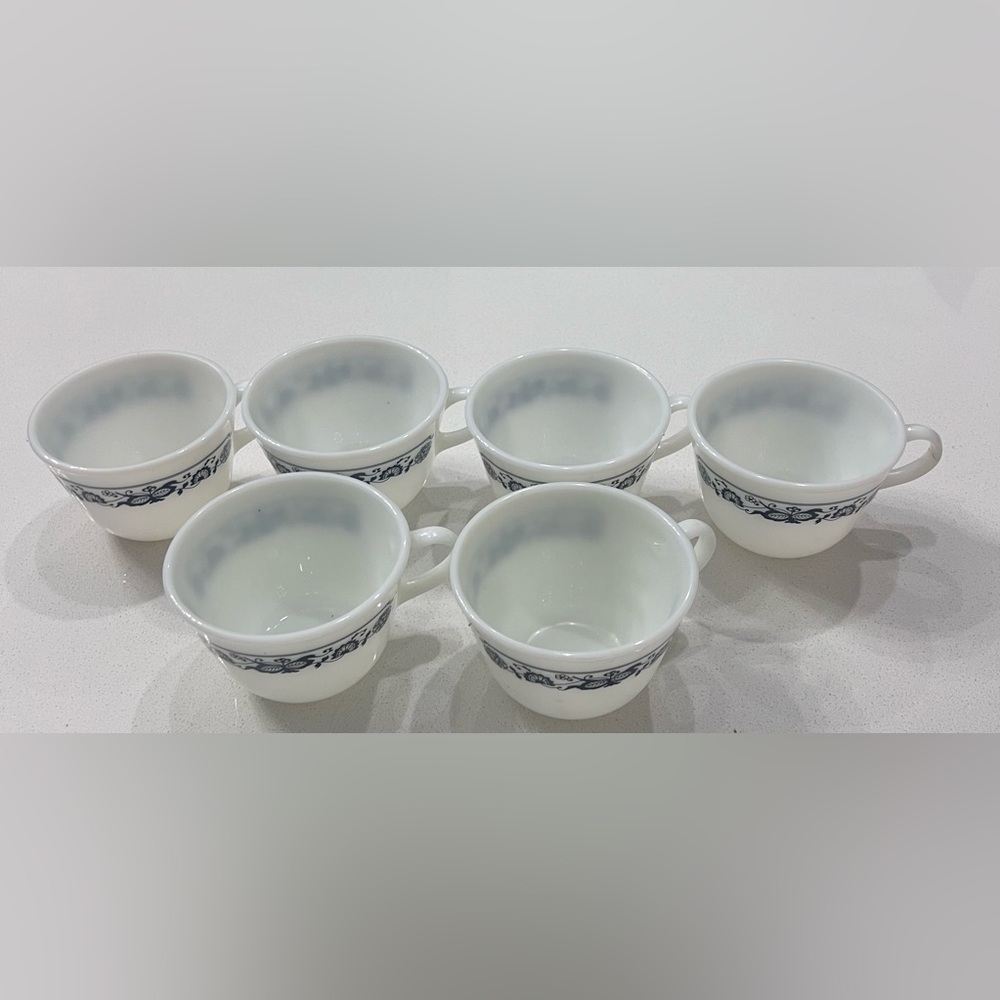 Vintage 1970s Pyrex Cup Old Town Blue Onion Milk Glass Coffee Mug Cup Set Of 6